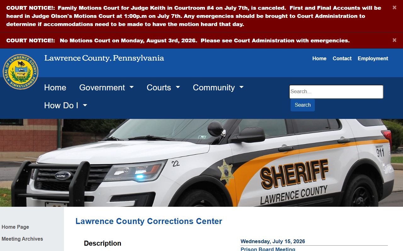 Official Lawrence County Corrections Center page with jail information